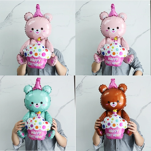 3D Cartoon Bear Foil Balloon Happy Birthday Cake Holding Bear Aluminum Film Balloon For Kids Birthday Party Decoration