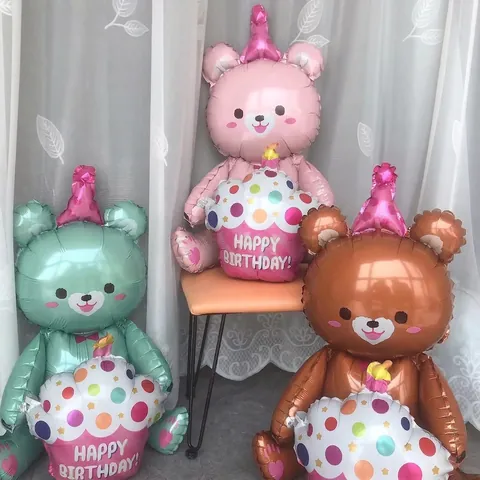 3D Cartoon Bear Foil Balloon Happy Birthday Cake Holding Bear Aluminum Film Balloon For Kids Birthday Party Decoration