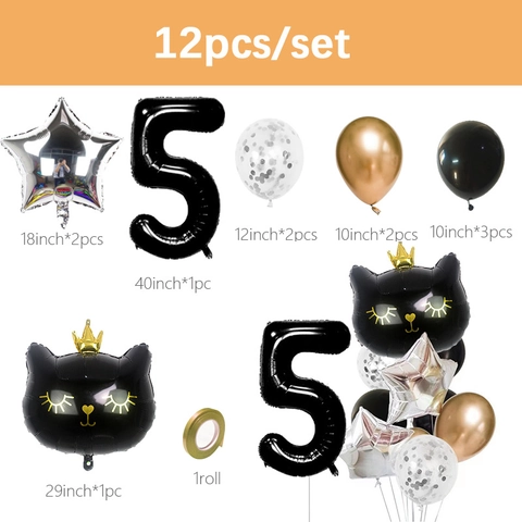 12pcs Crown Cat Balloon Set 40 Inch Number Foil Balloons Sequin Latex Balloons Kids Birthday Party Decorations