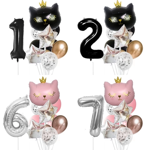 12pcs Crown Cat Balloon Set 40 Inch Number Foil Balloons Sequin Latex Balloons Kids Birthday Party Decorations