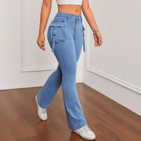Damen High Waist Flare Denim Cargo Hose Hellblau Gewaschen Slim Fit Streetwear Jeans Mit Taschen Und Riemen