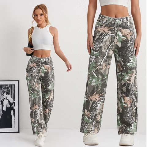 Jeans Donna Vita Alta Gamba Dritta Mimetico Albero Pantaloni Denim Gamba Larga Stampati Streetwear Casual Snellenti Moda