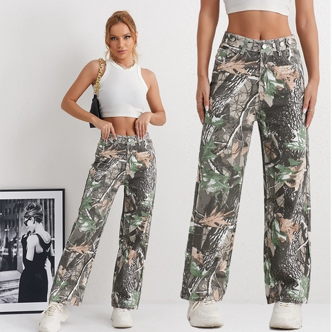 Jeans Donna Vita Alta Gamba Dritta Mimetico Albero Pantaloni Denim Gamba Larga Stampati Streetwear Casual Snellenti Moda