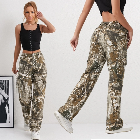 Dames High Waist Camouflage Jeans Met Rechte Pijpen Katoen Geregenereerde Cellulosevezel Boomprint Cargo Broek Met Meerdere Zakken