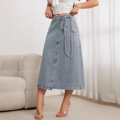 Eleganter Baumwolle Denim Midirock Für Damen Gewaschen Wickel Schlitz Retro A-Linie Casual Mode Jeansrock Mit Bindegürtel