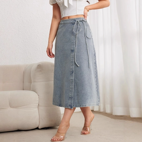 Eleganter Baumwolle Denim Midirock Für Damen Gewaschen Wickel Schlitz Retro A-Linie Casual Mode Jeansrock Mit Bindegürtel