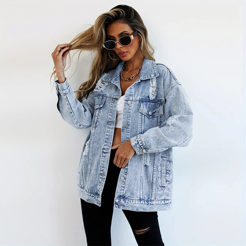Women Oversized Distressed Denim Jacket Long Sleeve Ripped Jean Coat Sand Washed Streetwear Jean Outerwear For Fall Winter Casual