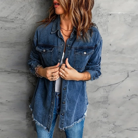 Giacca di Jeans Donna Vintage Comoda Orlo a Taglio Vivo Lavata Camicia di Jeans a Maniche Lunghe Casual Streetwear Top