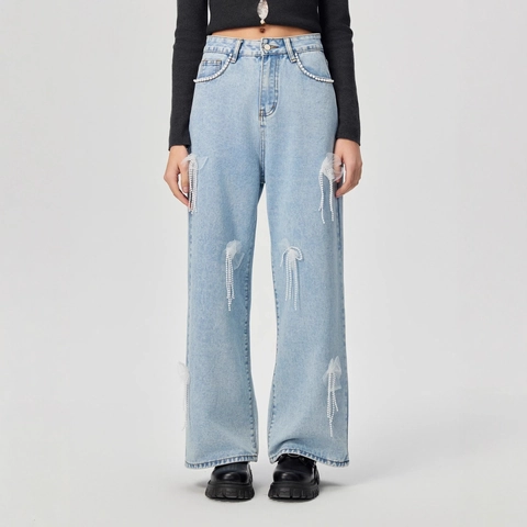 Jeans Donna Vita Alta Gamba Larga Con Fiocchi in Rete E Nappe di Perle Artificiali Pantaloni in Denim Consumato Moda Dolce