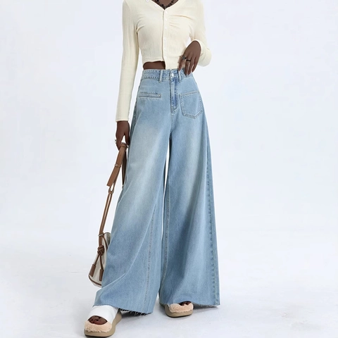 Jeans Donna Retro a Vita Alta a Gamba Larga Blu Lavato Pantaloni in Denim Orlo a Vivo Streetwear Casual Pantaloni alla Moda