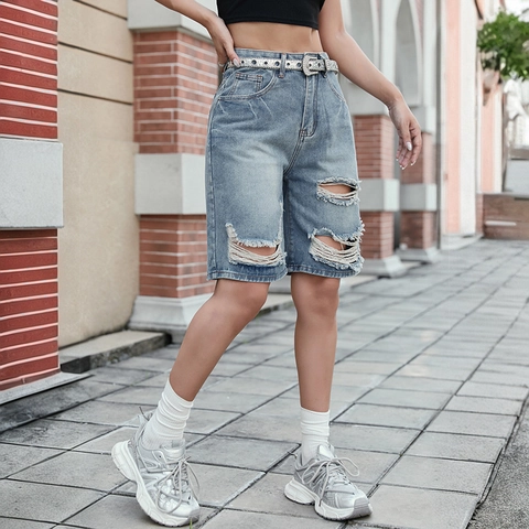 Women Vintage Distressed Ripped Denim Bermuda Shorts High Waist Washed Cotton Blend Casual Wide Leg Five Point Jeans