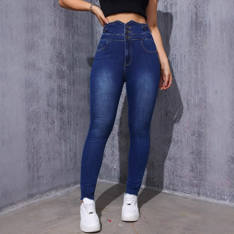 Jeans Skinny a Vita Alta da Donna Con Bottoni Multipli Elasticizzati Slim Fit Pantaloni in Denim Bordo a Taglio Vivo