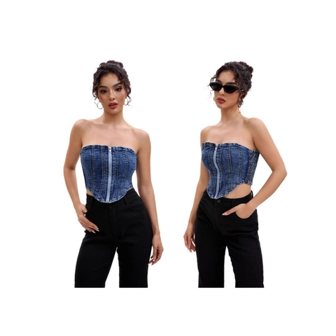 Top Corsetto in Denim Sexy da Donna Senza Spalline con Cerniera Frontale Slim Fit Lavato Blu Cotone Top a Tubo Streetwear Fashion Crop Vest