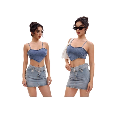 Canotta Donna Sexy Denim Crop Cami Orlo a Cuore Lavaggio Blu Jeans Tank Top Y2K Streetwear Estate Senza Maniche Zip Posteriore Gilet