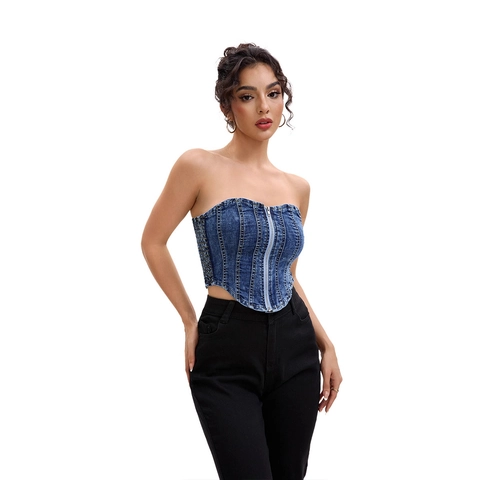 Top Corsetto in Denim Sexy da Donna Senza Spalline con Cerniera Frontale Slim Fit Lavato Blu Cotone Top a Tubo Streetwear Fashion Crop Vest