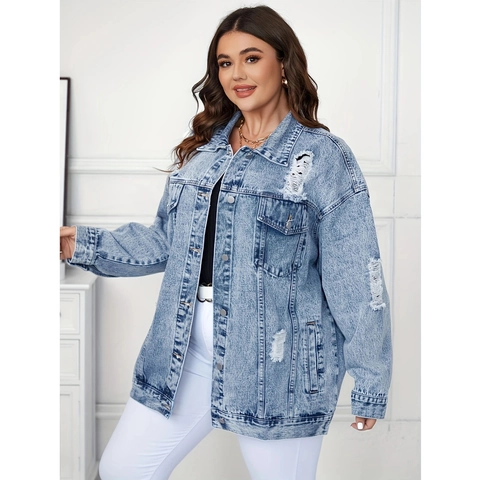 Women Plus Size Distressed Denim Jacket Vintage Oversized Washed Light Blue Long Sleeve Lapel Single Breasted Jean Coat Outerwear