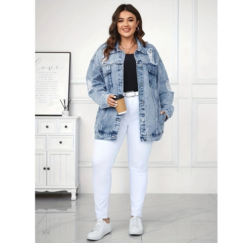 Women Plus Size Distressed Denim Jacket Vintage Oversized Washed Light Blue Long Sleeve Lapel Single Breasted Jean Coat Outerwear