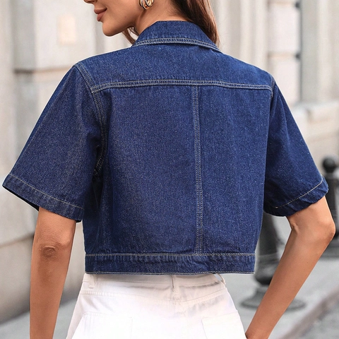 Giacca di Jeans Cropped Donna Casual Manica Corta Lavaggio Indigo Cuciture a Contrasto Tasche Soprabito alla Moda