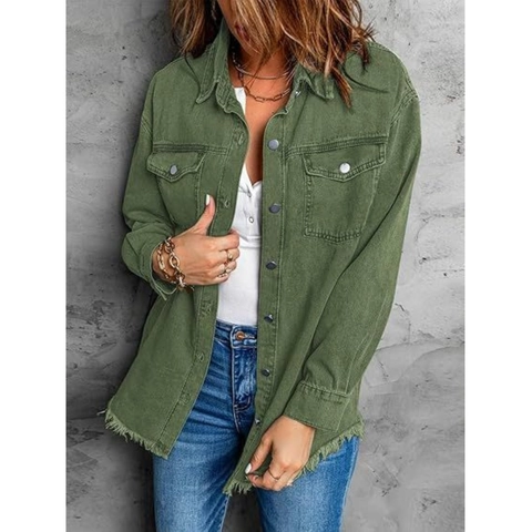 Veste en Jean Verte Grande Taille pour Femmes en Coton Décontracté Coupe Ample Manches Longues avec Ourlet Effiloché