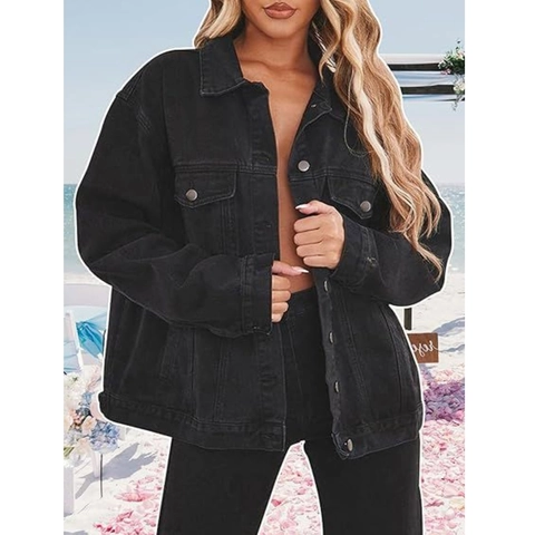 Women Plus Size Black Denim Jacket Oversized Washed Cotton Blend Casual Long Sleeve Single Breasted Streetwear Outerwear Coat