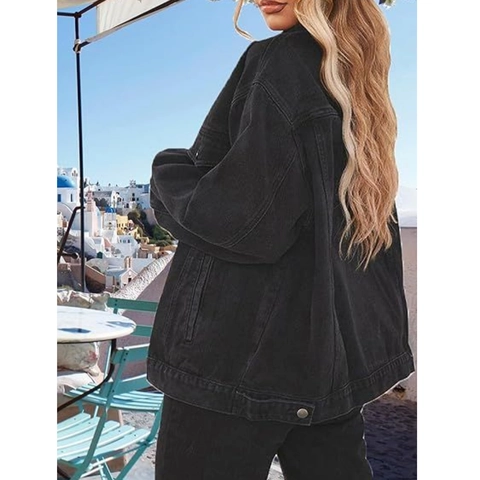 Women Plus Size Black Denim Jacket Oversized Washed Cotton Blend Casual Long Sleeve Single Breasted Streetwear Outerwear Coat