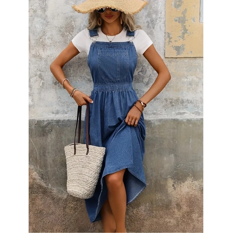 Abito da Donna Taglie Forti in Denim con Bretelle Casual Stile Preppy Blu Lavato Midi con Tasca Grande Senza Maniche