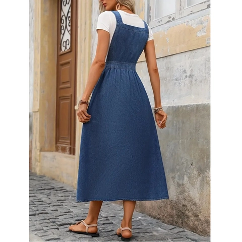 Abito da Donna Taglie Forti in Denim con Bretelle Casual Stile Preppy Blu Lavato Midi con Tasca Grande Senza Maniche