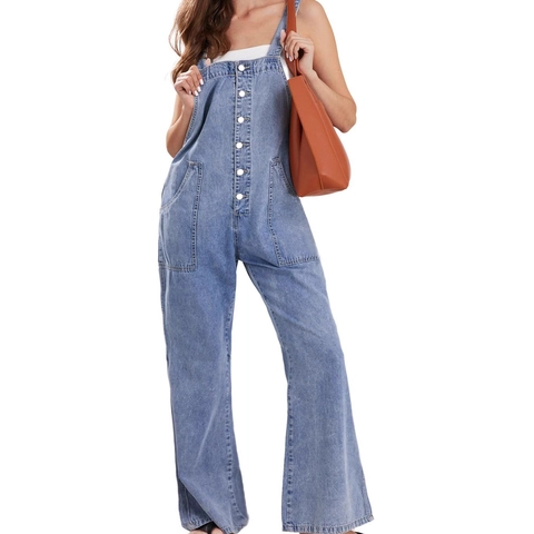 Damen Casual Hellblau Denim Latzhose Weites Bein Jumpsuit Knopf Vorne Träger Gewaschene Baumwollmischung Jeans Jumpsuit Mit Taschen