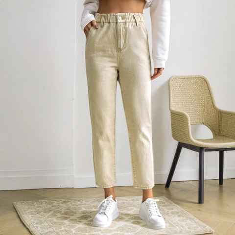 Jeans in Denim Cachi a Vita Alta Con Elastico in Vita da Donna Pantaloni Cropped Slim Fit Tapered Con Bottoni e Tasche per Uso Quotidiano