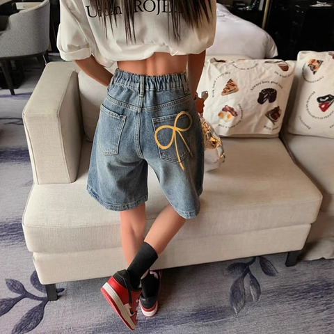 Pantaloncini di Jeans Donna a Vita Alta Bermuda Casual a Gamba Larga Con Stampa a Fiocco in Misto Cotone Lavato Jorts