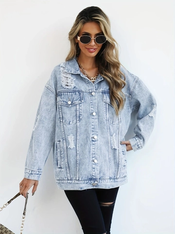 Giacca di Jeans Donna Lavata Effetto Consumato Azzurro Oversize Strappata Cotone Cappotto con Tasche Casual Streetwear