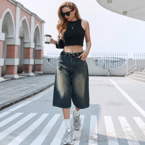 Pantaloni Denim Capri Donna Taglie Forti Gamba Larga Vita Alta Lavaggio Vintage Vestibilità Larga Streetwear Retrò Casual