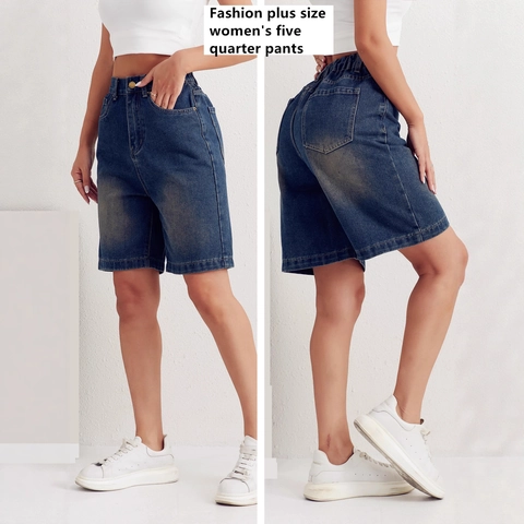 Plus Size Women High Waist Denim Shorts Elastic Waistband Washed Distressed Retro Straight Leg Bermuda Jean Shorts