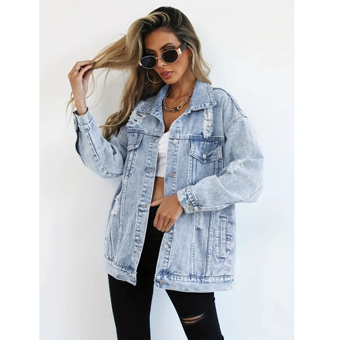 Giacca di Jeans Lavata Strappata Larga da Donna Streetwear Manica Lunga Colletto a Punta Cappotto in Denim Blu Top