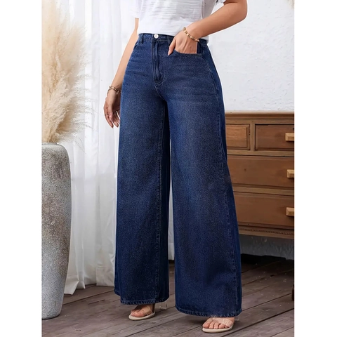 Jeans a Vita Alta Gamba Larga da Donna Blu Profondo Lavato Pantaloni in Denim Elastico Pantaloni Casual Dritti Larghi Moda