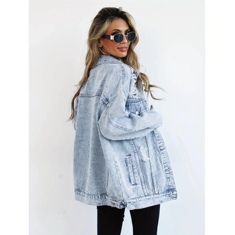 Giacca di Jeans Lavata Strappata Larga da Donna Streetwear Manica Lunga Colletto a Punta Cappotto in Denim Blu Top