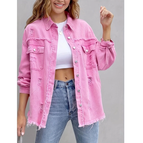 Dames Vintage Roze Distressed Spijkerjasje Gewassen Katoenmix Gerafelde Zoom Ruime Lange Mouwen Casual Outwear Jas
