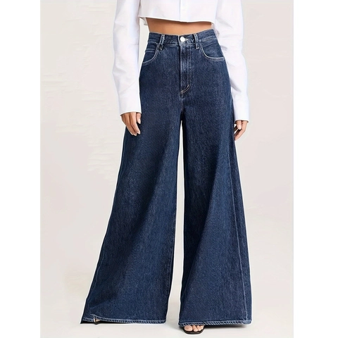 Vaqueros de Mujer Cintura Alta Perna Ancha Desgastado Color Sólido Denim Lavado Pantalón Casual Retro Holgado Largo