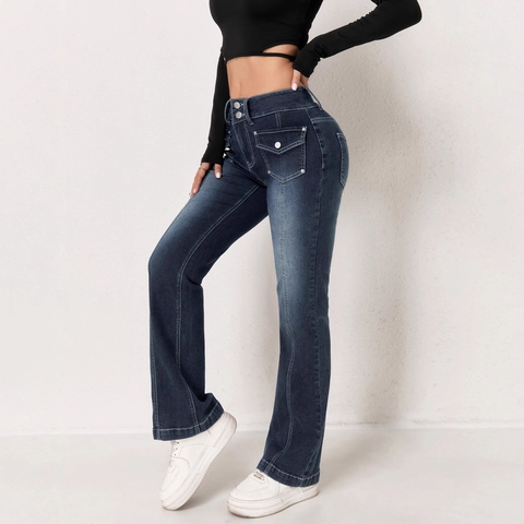 Jeans Svasati Micro Blu Vintage da Donna a Vita Alta con Doppia Fibbia Patchwork Cuciture a Contrasto Pantaloni Denim Casual