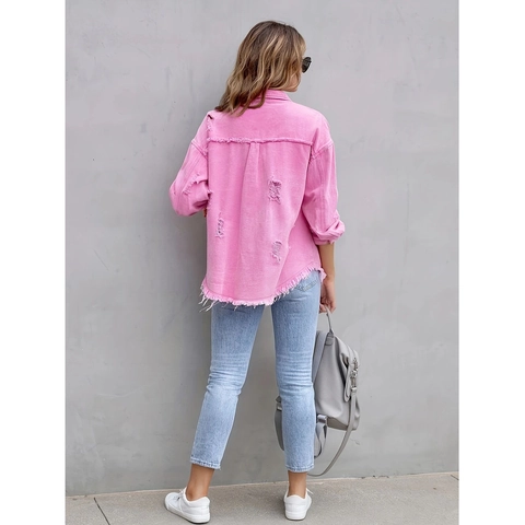 Dames Vintage Roze Distressed Spijkerjasje Gewassen Katoenmix Gerafelde Zoom Ruime Lange Mouwen Casual Outwear Jas