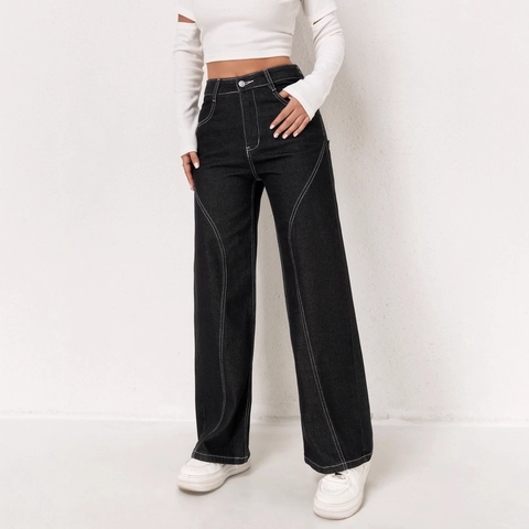 Jeans a Gamba Larga a Vita Alta da Donna Cuciture a Contrasto Multitasche Pantaloni Cargo in Denim Retro Streetwear Donna
