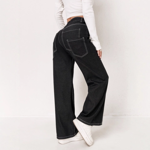 Jeans a Gamba Larga a Vita Alta da Donna Cuciture a Contrasto Multitasche Pantaloni Cargo in Denim Retro Streetwear Donna