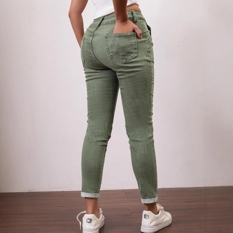 Jeans in Denim Elasticizzati Slim Fit da Donna Verde Militare a Vita Bassa Pantaloni a Sigaretta a Nove Punti Con Cuciture