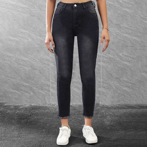 Damen Casual Jeans Mit Niedriger Taille Gewaschen Schwarz Baumwollmischung Denim Bleistifthose Mit Raw Hem Cropped Streetwear Jeans