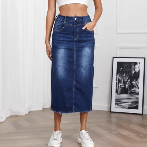 Gonna Midi in Jeans a Vita Alta da Donna Lavata Distressed Blu a Tubino Spacco Orlo a Taglio Vivo Misto Cotone