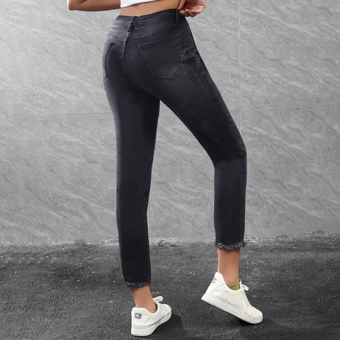 Damen Casual Jeans Mit Niedriger Taille Gewaschen Schwarz Baumwollmischung Denim Bleistifthose Mit Raw Hem Cropped Streetwear Jeans