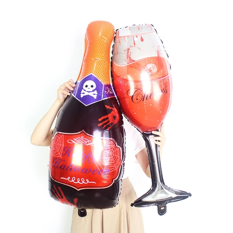 Halloween Foil Balloon Wine Bottle Champagne Glass Mylar Balloon Skull Blood Handprint Spooky Horror Party Decoration