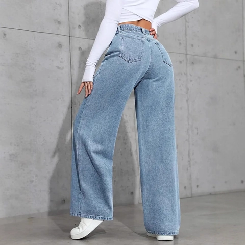 Dames Jeans Met Hoge Taille En Wijde Pijpen Lichtblauwe Denim Broek Met Strass Warm Boren Sprankelende Casual Mode