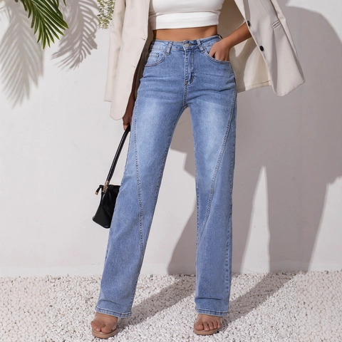 Damen High Waist Straight Leg Jeans Hellblau Gewaschen Distressed Denim Hose V-Naht Detail Stretch Lässige Hose