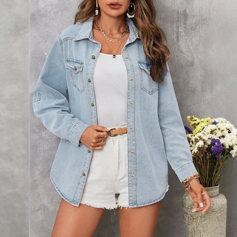 Women's Light Blue Denim Shirt Long Sleeve Lapel Single Breasted Washed Cotton Blend Casual Jean Jacket Top Blouse